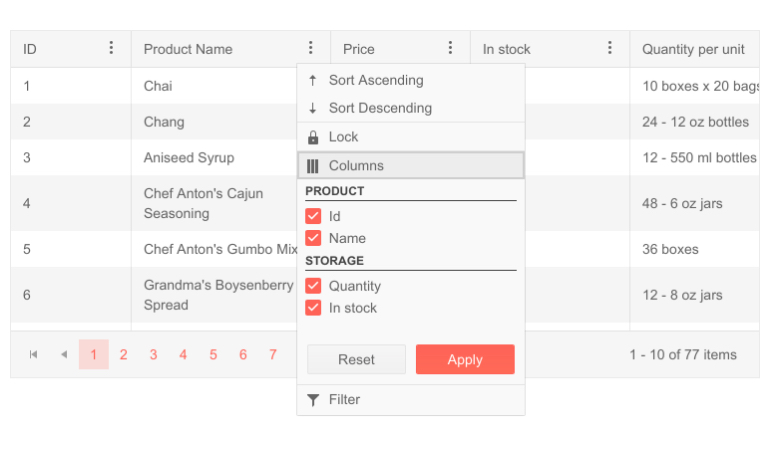 Telerik UI for Blazor Grid Column Menu 