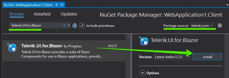 Add Telerik Blazor Package to Client Project
