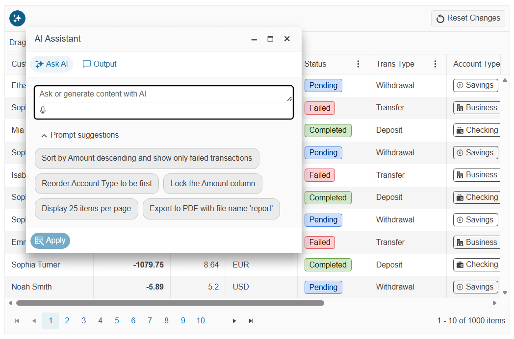 Kendo UI for Angular Smart Grid AI Toolbar