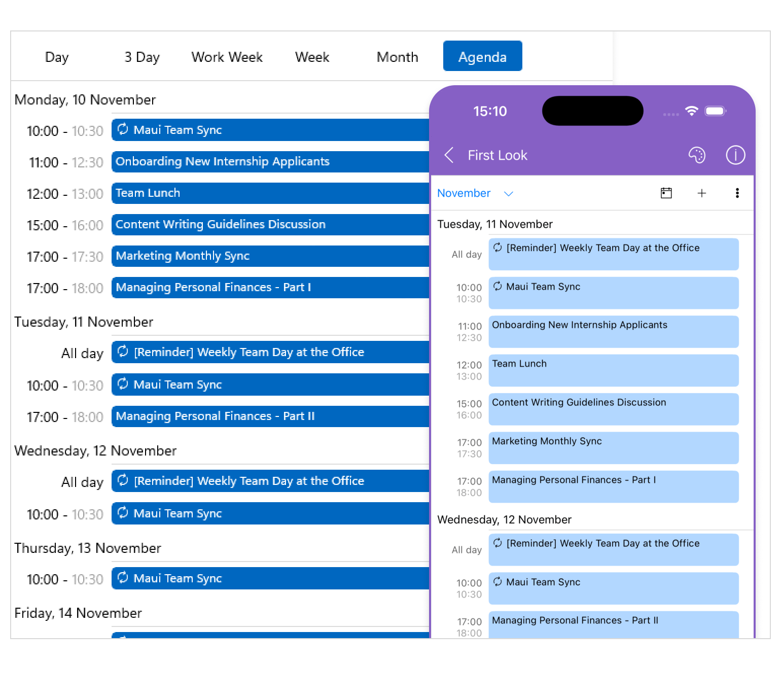 Telerik for .NET MAUI Scheduler Agenda View