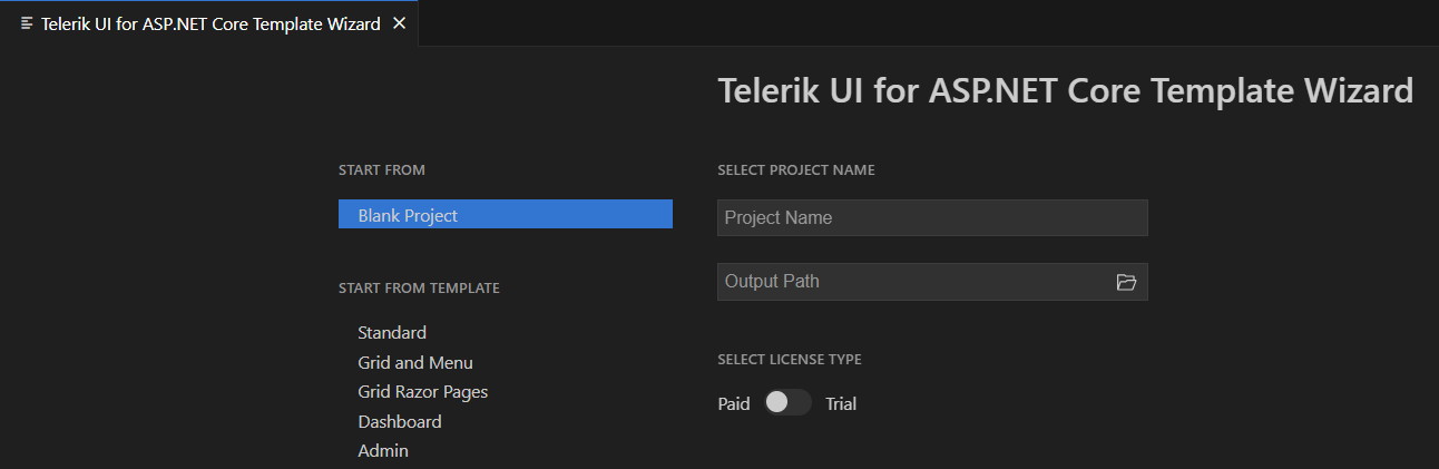 UI for ASP.NET Core choose Telerik template, project name and location